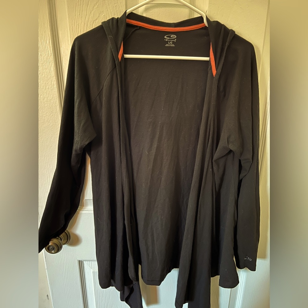 Large Black Champion Hooded Asymmetrical Open-Front Cardigan